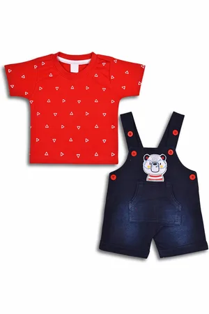 Wish Karo Infant Boys Straight Leg Applique Cotton Dungarees With T-shirt