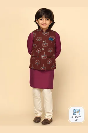 KISAH Boys Mandarin Collar Kurta With Pyjamas & Thread Work Nehru Jacket