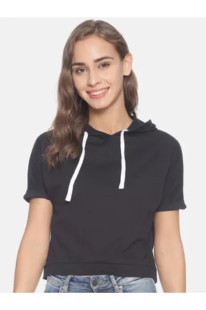 Campus Women Black Solid Hood Pure Cotton Top