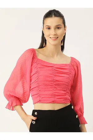 Antheaa Pink Bishop Sleeves Chiffon Crop Top