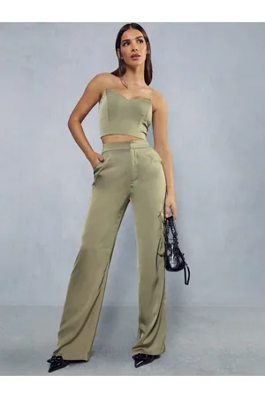 MissPap Satin Off-Shoulder Crop Corset Top with Trousers
