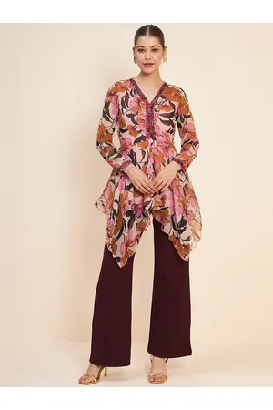 Antheaa Pink & Brown Printed Embellished Top & Trousers