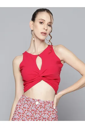 Sassafras Women Fuchsia Textured Keyhole Neck Twisted Crop Top