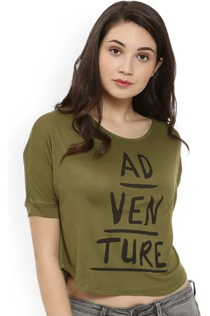 Campus Olive Green Printed Crop Pure Cotton Top