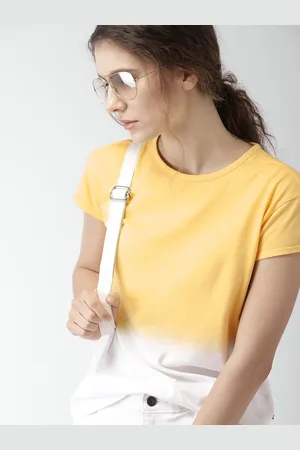 HARVARD Women White & Yellow Ombre-Dyed Round Neck T-shirt