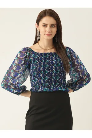 Antheaa Blue Printed Bishop Sleeves Smocked Chiffon Crop Top
