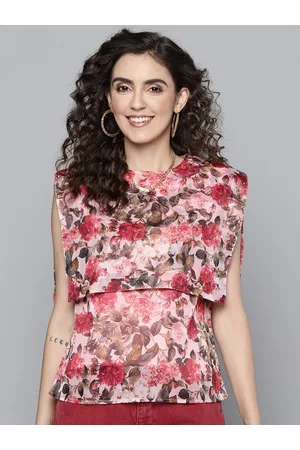 Sassafras Women White & Pink Floral Print Layered Top
