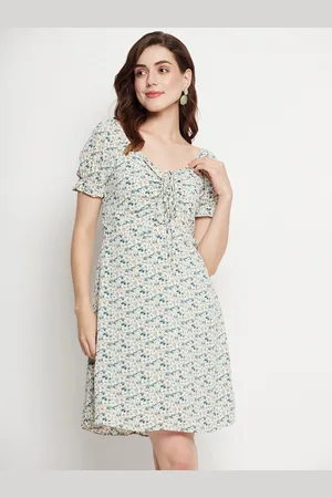 CAMLA Floral Printed Tie-Up Neck Puff Sleeves Ruched Empire Mini Dress