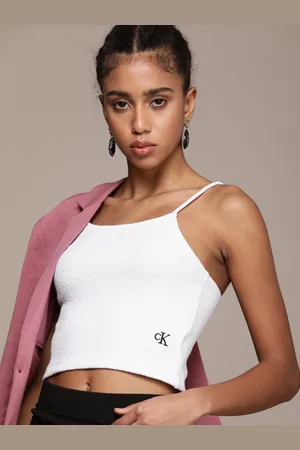 Calvin Klein Self Design Ribbed Shoulder Straps Crop Top With Brand Logo Detail