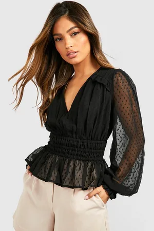 Boohoo Dobby Weave Puff Sleeve Cinched Waist Top