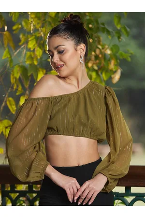 Sassafras Striped One Shoulder Chiffon Crop Top