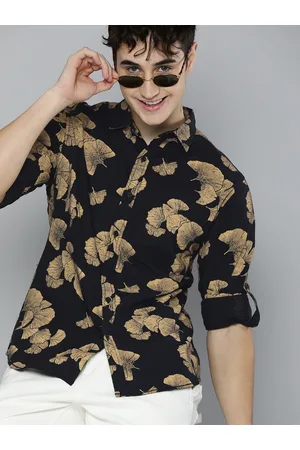 HERE&NOW Men Black & Beige Slim Fit Floral Printed Pure Cotton Casual Shirt