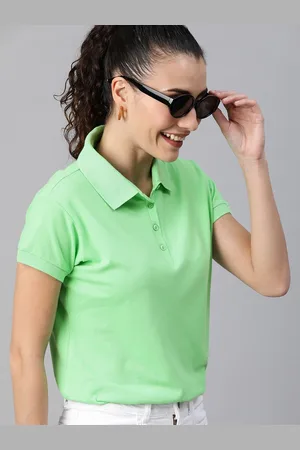 HERE&NOW Women Sea Green Solid Polo Collar T-shirt