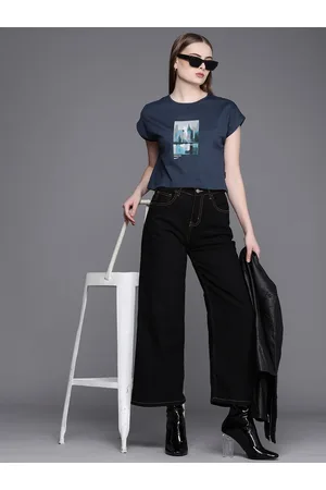 Kenneth Cole Citysphere Tee Women Navy Blue Printed Pure Cotton Boxy T-shirt