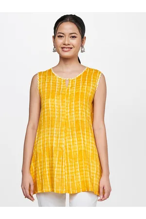 Global Desi Women Mustard Yellow Geometric Printed Keyhole Neck Top