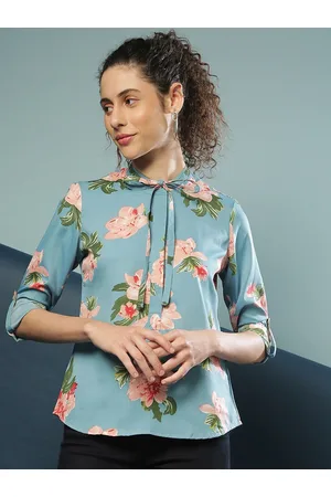 Campus Woman Blue Floral Print Tie-Up Neck High-Low Top