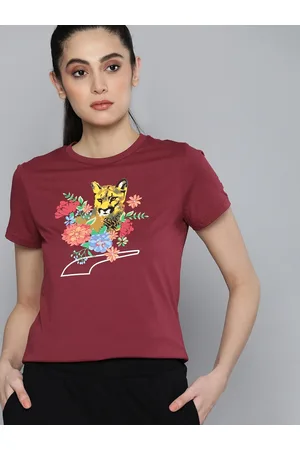 PUMA Women Floral Printed Cat Graphic Pure Cotton T-shirt