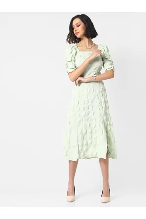 Campus Women Green Self Design Crepe A-Line Midi Dress