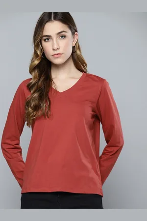 Chemistry Women Rust Red Solid V-Neck T-shirt