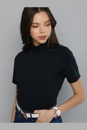 Chemistry Women Navy Blue Solid High Neck T-shirt