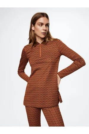 MANGO Women Brown & Rust Orange Geometric Pattern Polo Collar Knitted Longline T-shirt