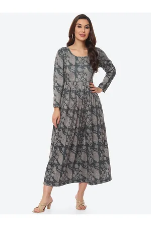 Biba Women Charcoal & Beige Floral Printed Polyester Fit and Flare Midi Dress