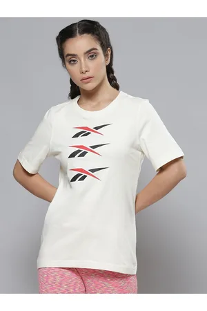 Reebok Women Off White & Black Brand Logo Printed Pure Cotton T-shirt