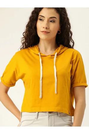 Campus Mustard Yellow Pure Cotton Hooded Crop Top