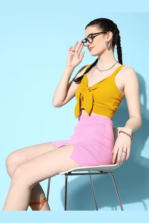 Berrylush Yellow Solid Tie-Ups Crepe Bralette Crop Top