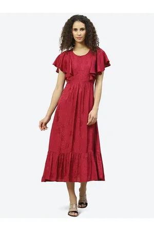 Biba Flutter Sleeves Fit and Flare Round Neck Midi Dress