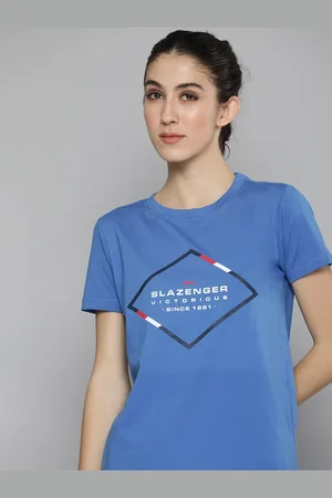 Slazenger Women Blue & White Brand Logo Print Indigo Pure Cotton Athleisure T-shirt