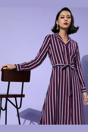 DressBerry Women Navy Blue & Maroon Striped A-Line Midi Dress