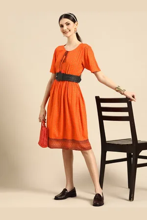 Sangria Women Orange & Golden Ethnic Motif Printed A-Line Dress