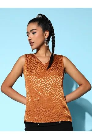 Berrylush Women Brown Animal Print Shoulder Tie Satin Top