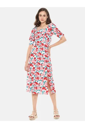 Campus Women White & Pink Floral Printed Midi Dress