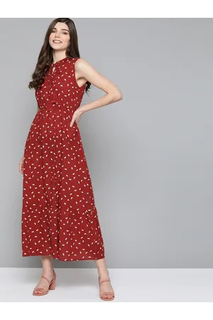 HERE&NOW Women Maroon & White Pure Cotton Printed Maxi Dress