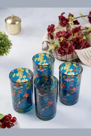 KOLOROBIA Set Of 4 Blue & Orange Floral Bliss Printed Glass Tumblers