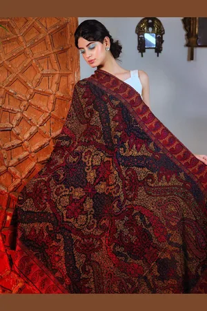 Sangria Black Ethnic Motifs Woven Design Shawl