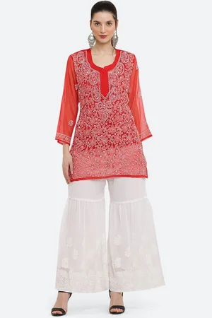 FAWOMENT Floral Embroidered Straight Kurti With Palazzo