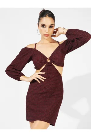 Campus Checked Cold-Shoulder Sheath Mini Dress