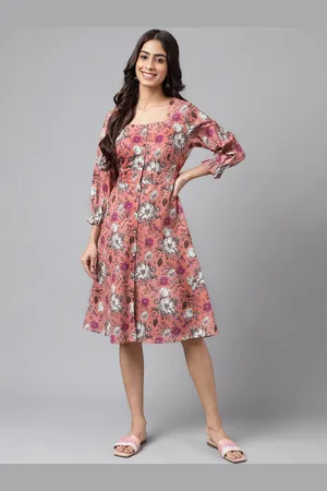 Janasya Floral Printed Puffed Sleeves A-Line Dress