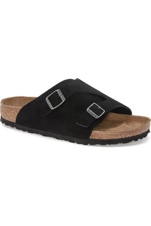 Birkenstock Za1/4Rich Black Regular Width Suede Leather Two-Strap Sandals