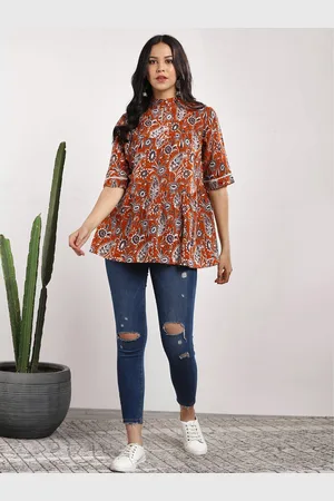 Sangria Women Rust Orange Ethnic Printed A-Line Top