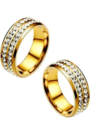 Meenaz Men Set Of 2 Stainless Steel Gold-Plated AD-Studded Band Rings