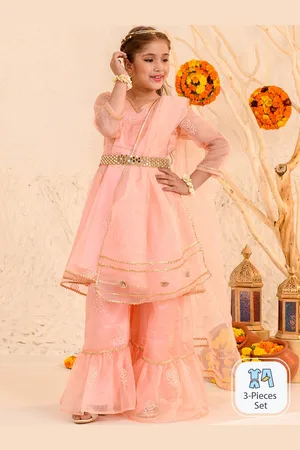 pspeaches Girls Floral Printed Regular Gotta Patti Kurta with Sharara & Dupatta