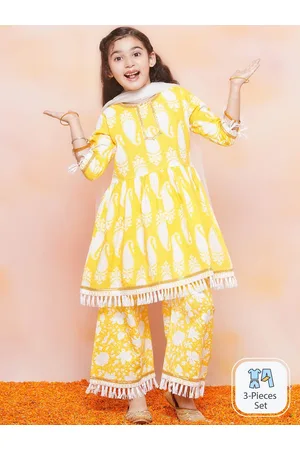 AJ DEZINES Girls Paisley Printed Pure Cotton A-Line Kurta & Sharara With Dupatta