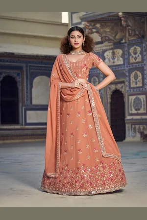 SHOPGARB Embroidered Sequinned Semi-Stitched Lehenga & Unstitched Blouse With Dupatta