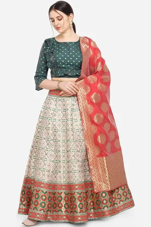 PURVAJA Women White & Green Printed Semi-Stitched Lehenga & Unstitched Blouse with Dupatta