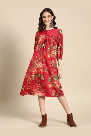 Sangria Women Red Floral Print Puff Sleeves Midi A-Line Dress