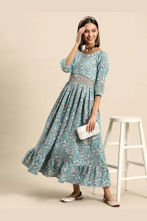 Sangria Floral Printed Embroidered Fit & Flare Maxi Dress